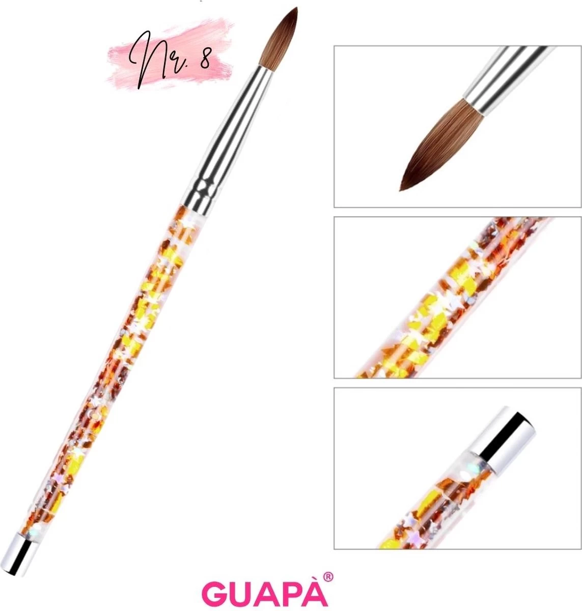 GUAPÀ - Acryl Glitter Goud Penseel Nr #8 - Uniek Design - High Quality & 100% Nylon - Nagel Penselen 3 GUAPÀ - Acryl Glitter Goud Penseel Nr #8 - Uniek Design - High Quality & 100% Nylon - Nagel Penselen