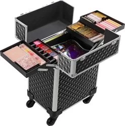 Cosmetische Koffer, Trolley, Make-up Case Met Handvat, 4 Universele Wielen, 4 Uitschuifbare Dienbladen, Make-up Tas, Voor Reizen, Zwart -Beauty Verkoop 1192x1200 9