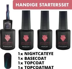 #NIGHTCATEYESERIE - Influence Gellac - Blauwe Gellak - Gellak Blauw UV - Gel Nagellak - Basecoat - Topcoat - Topcoatmat - No Wipe - Startersset - Kado Vrouw - Valentijns Cadeau - Kado Voor Haar - 4 X 10 Ml - Magneet