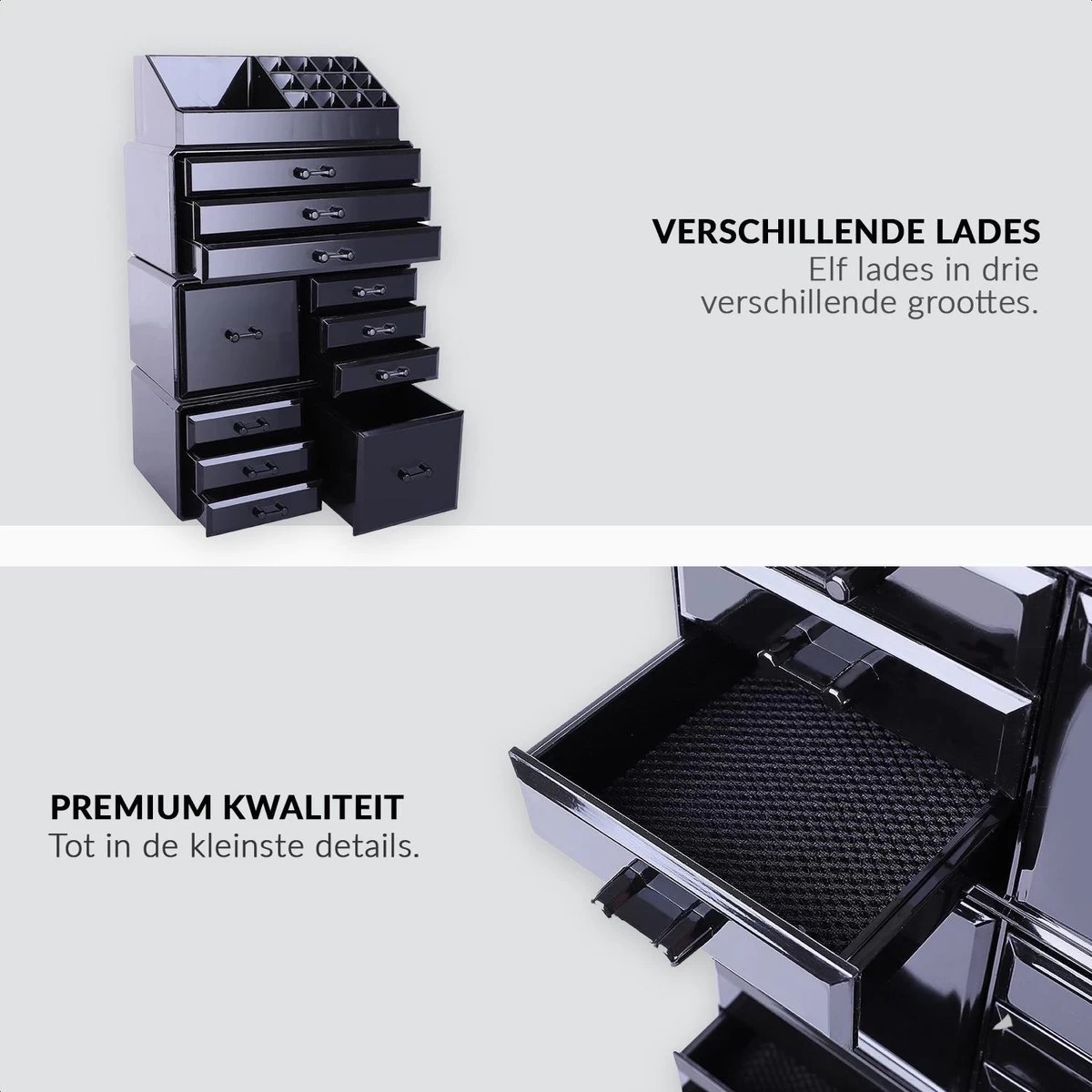 Confibel XXL Acryl Make-up Cosmetica Organizer - Verstelbare Lades - Sieraden/Make-up/Cosmetica Organizer - 11 Compartimenten - Zwart 11 Confibel XXL Acryl Make-up Cosmetica Organizer - Verstelbare Lades - Sieraden/Make-up/Cosmetica Organizer - 11 Compartimenten - Zwart - Afbeelding 9