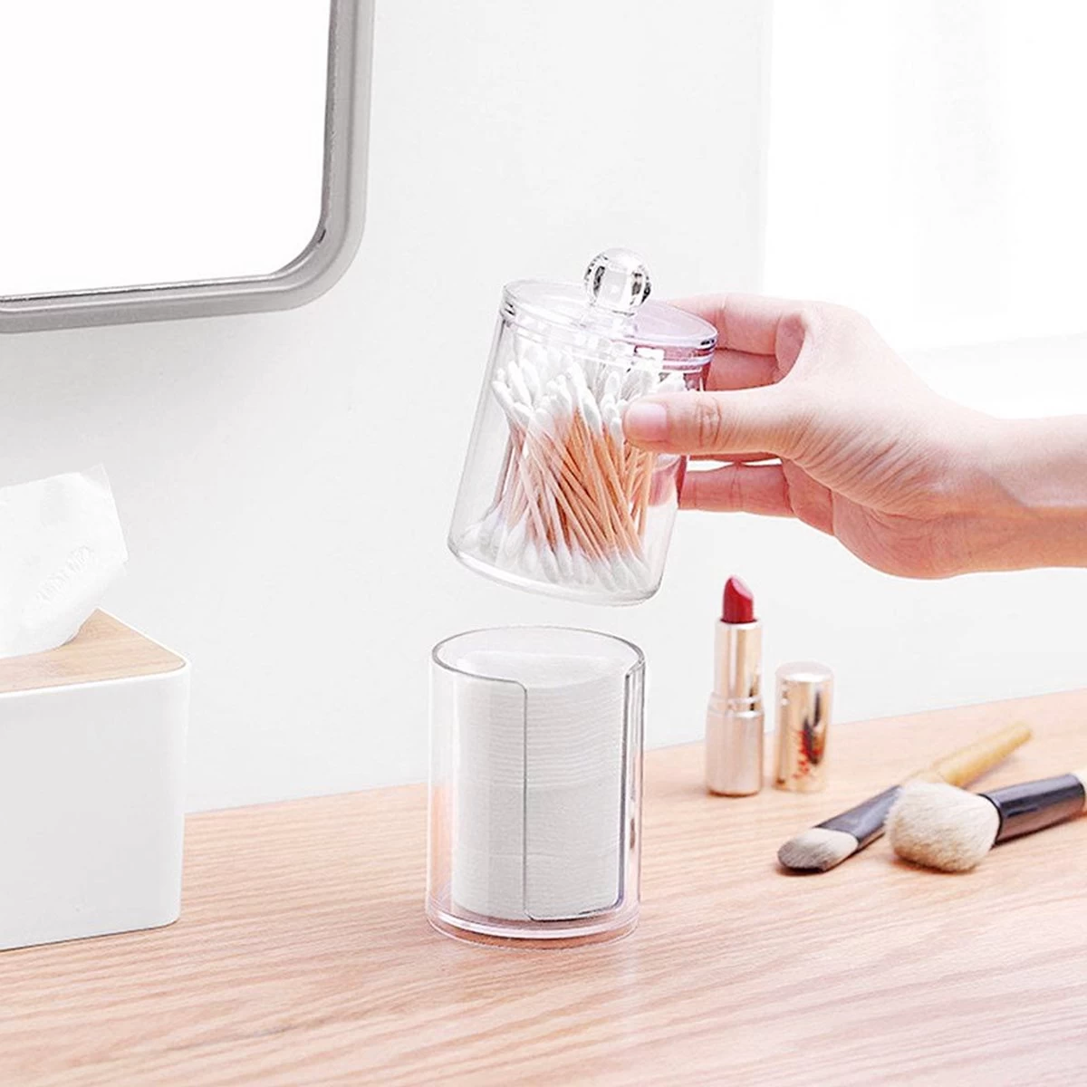 Without Lemon - Wattenstaafjes En Wattenschijfjes Houder - Dubbel Transparant Opberghouder - Opbergdoosje - Makeup Organizer - Open En Dichte Houder - Met Deksel - Stapelbaar 4 Without Lemon - Wattenstaafjes En Wattenschijfjes Houder - Dubbel Transparant Opberghouder - Opbergdoosje - Makeup Organizer - Open En Dichte Houder - Met Deksel - Stapelbaar - Afbeelding 2