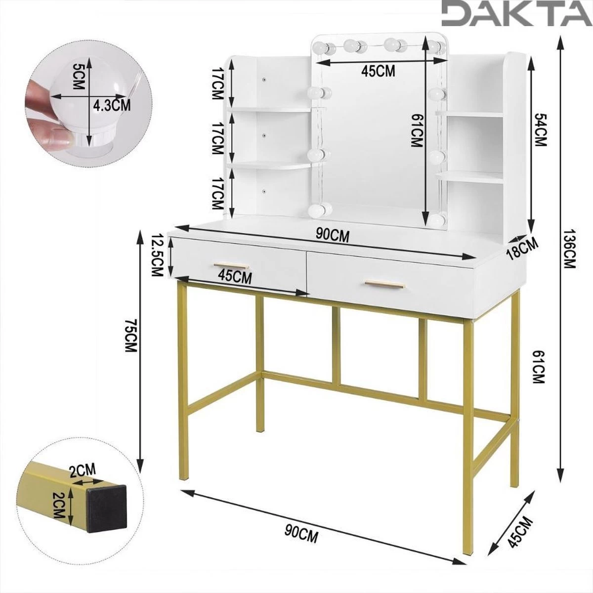 Dakta ® Luxe Make-Up Tafel Met Spiegel Met Verlichting | 2 Lades | Wit En Goud | Kaptafel 4 Dakta ® Luxe Make-Up Tafel Met Spiegel Met Verlichting | 2 Lades | Wit En Goud | Kaptafel - Afbeelding 2