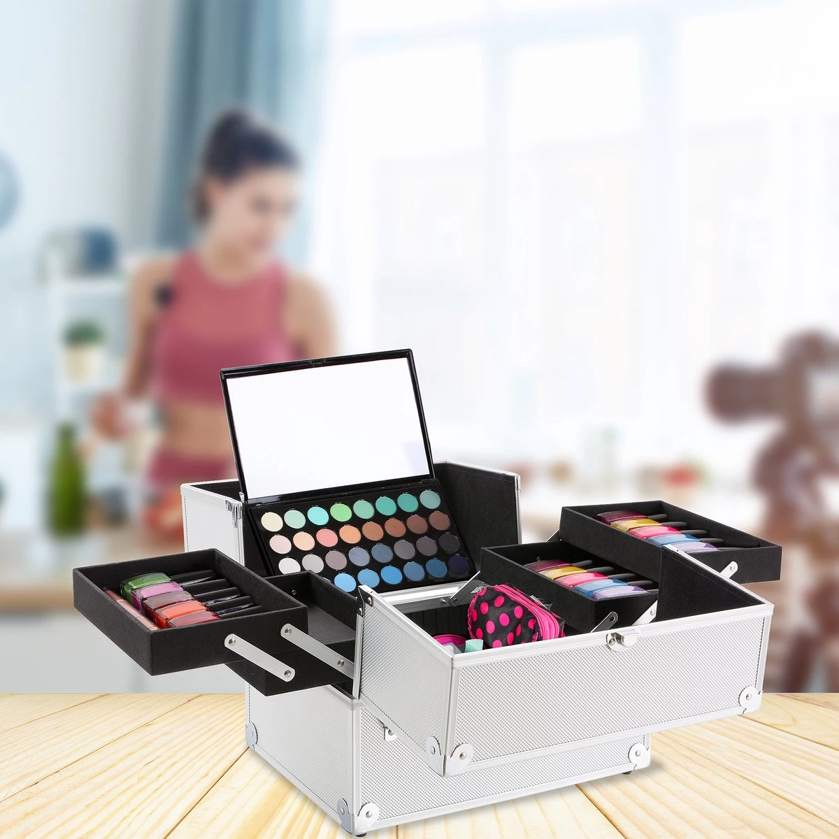 AREBOS Cosmetica Koffer - Beauty Case - Cosmetica Trolley - 15 L - Zilber 4 AREBOS Cosmetica Koffer - Beauty Case - Cosmetica Trolley - 15 L - Zilber - Afbeelding 2