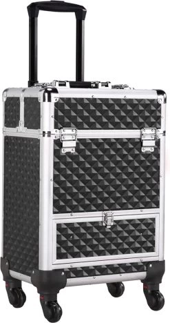 Monkey's Aluminium Kapperskoffer - Zwart - Beauty Case - Cosmeticakoffer - Make-upkoffer - Trolley - 360 Graden Wielen - 34 X 24 X 55.5 Cm