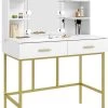 Dakta ® Luxe Make-Up Tafel Met Spiegel Met Verlichting | 2 Lades | Wit En Goud | Kaptafel -Beauty Verkoop 811x1200