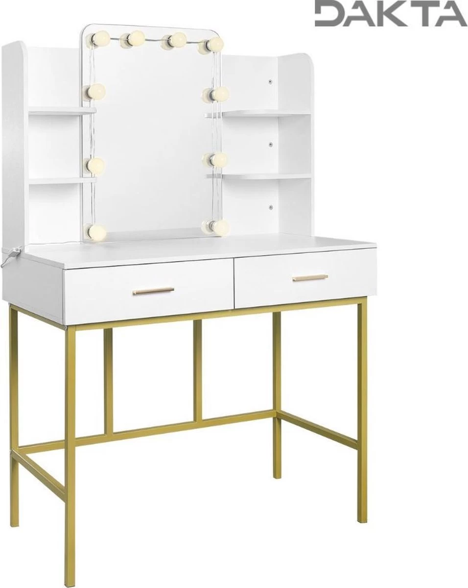 Dakta ® Luxe Make-Up Tafel Met Spiegel Met Verlichting | 2 Lades | Wit En Goud | Kaptafel 7 Dakta ® Luxe Make-Up Tafel Met Spiegel Met Verlichting | 2 Lades | Wit En Goud | Kaptafel - Afbeelding 5